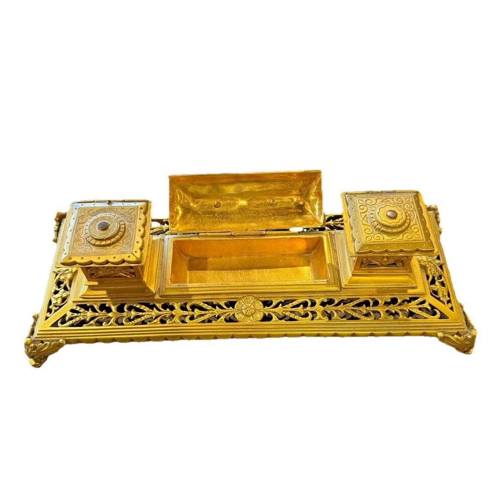 1890 Antique Gilt Bronze Double Inkwell Extraordinary Engraved Heavy Solid Vntg